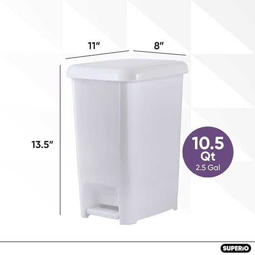 Superio Slim Step On Pedal Plastic Trash Can, Waste Bin for Under Desk, Office, Bedroom, Bathroom, Kitchen (2.5 gal) (White Smoke 2 Pack)