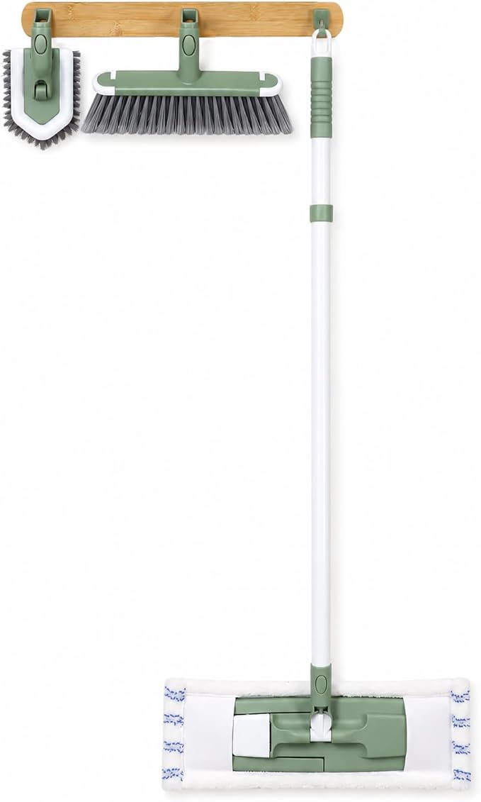 DEANIC 4-in-1 Mop Broom Brush with Holder Wall Mount Set | Floor Cleaning Tool Set with Extendable Handle (43 in to 49 in) ,Triangle Scrub Brush for Home Kitchen Bathroom Hardwood