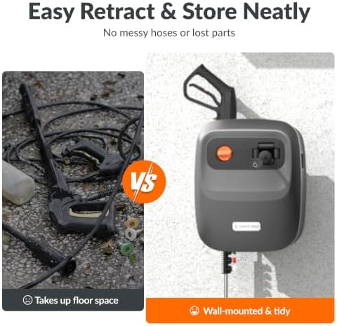 Giraffe Tools 65 FT Retractable Wall Mount Pressure Washer G20B, 2500 PSI | 2.2 GPM, Automatic Rewind with 180° Swivel Bracket, 5 Nozzles, Foam Cannon for Car, Fences and Patio Cleaning, Dark Silver