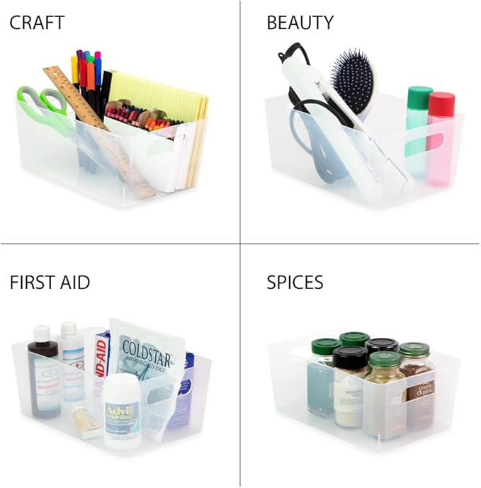 Isaac Jacobs 5-Pack Medium Clear Storage Bin Set (9.5" x 6.5" x 4") | w/Cut-Out Handles, Plastic Organizer, Multi-Use, Home, Office, Pantry, Closet, Kitchen