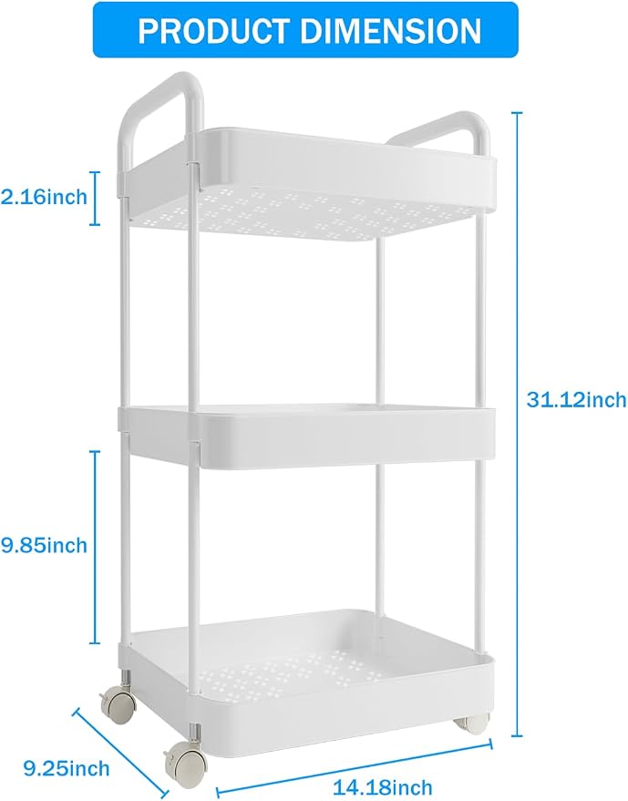 Volnamal Diaper Caddy Cart, 3-Tier Plastic Rolling Cart with Handle, White | Multi-Functional Diaper Organizer for Wipes & Diapers, Newborn Essentials Must Haves, Easy to Assemble, Baby Registry Search