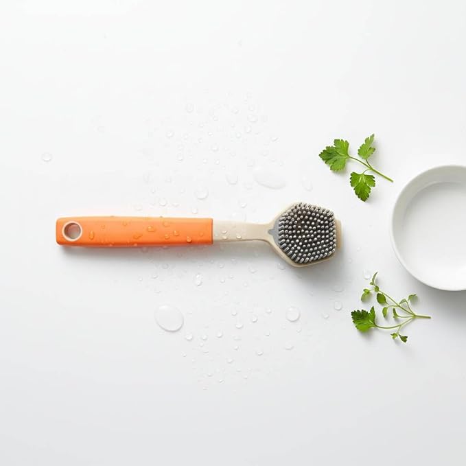 Silicone Dish Brush Kitchen Scrubber Pot Cleaner Pan Long Handle Soft Silicone Bristles Non Slip Grip Suitable for Home Cleaning Dish Washing Office Break Rooms, Orange