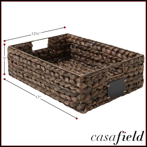 Casafield Set of 4 Water Hyacinth Pantry Baskets, 12-1/2" x 17" x 5", with Chalkboard Labels and Chalk Marker - Espresso, Woven Storage Bin Organizers for Kitchen Shelves