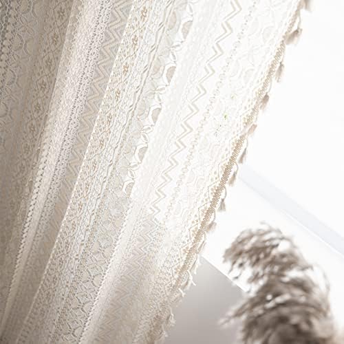 Sutuo Home Crochet Boho Curtain 63 Inches Length, Sheer Lace Handmade Tassels Knitted Window Treatment Vintage Rustic Bohemian Farmhouse Drape for Bedroom Rod Pocket 1 Panel 59" W x 63" L, Beige Wave
