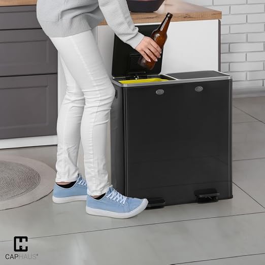 CAPHAUS Black Dual Trash Can w/Double Lid, Trash & Recycle Bins Combo, Hands-Free Stainless-Steel Garbage Can for Kitchen, with 2 Compartment, Hinged Lid, Odor Filters, Handles, 30L+30L, 2 x 8 Gal