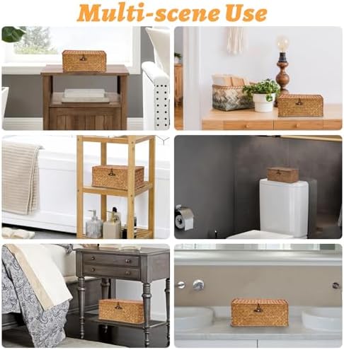 Sumnacon Wicker Basket with Lid, Rectangle Woven Tampon Holders, Caramel | Natural Seagrass Female Product Organizer for Toiletries Pad Tampon Storage,Farmhouse Woven Baskets for Shelf, Toilet Tank