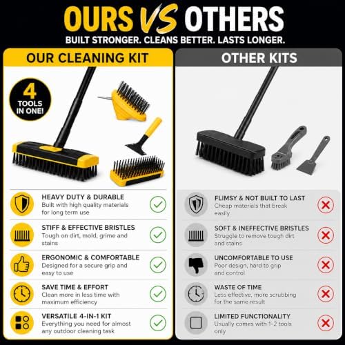 Gardenised 4-in-1 Durable Crack Weeder, Scraper, Moss & Debris Remover, and Cleaning Brush with 2 Replaceable Bristle Heads for Lawn, Patio, Driveway, Exterior Wall, and Yard Maintenance