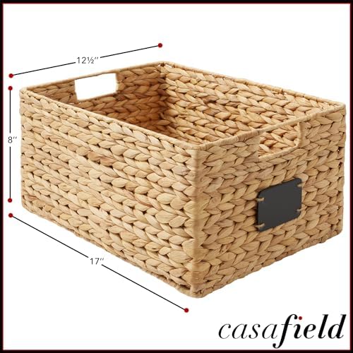 Casafield Set of 2 Water Hyacinth Pantry Baskets, 12-1/2" x 17" x 8", with Chalkboard Labels and Chalk Marker - Natural, Woven Storage Bin Organizers for Kitchen Shelves