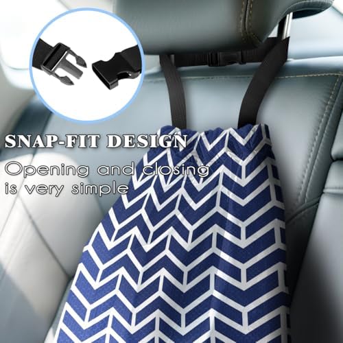 Car Trash Bag Hanging Back of Seat with Adjustable Snap Buckle Strap Cute Printed Drawstring Garbage Bags for Car-Blue White