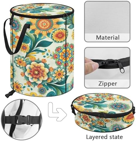 doginthehole Boho Blossoms Outdoor Trash Can with Lid Retro Floral Garbage Bins Outside Pop Up Recycle Garbage Cans Collapsible Trash Can for Camping Picnic Yard Beach, 22.83x17.71 in