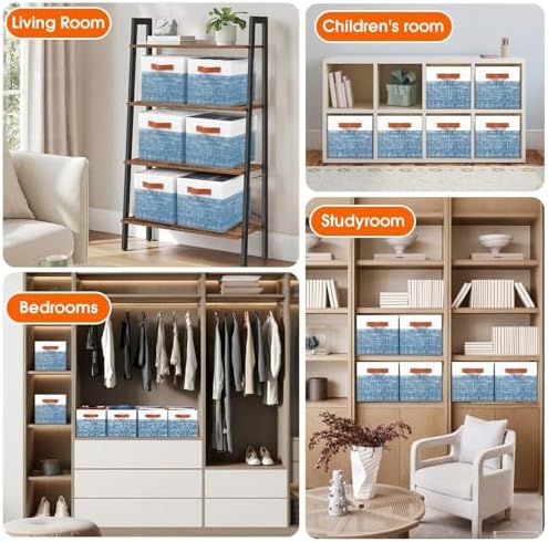 Fab totes Collapsible Storage Baskets for Shelves,14"x10", 6 Pack Foldable Fabric Storage Bins with Double Leather Handles, Large Baskets for Organizing Books, Clothes, White & Blue