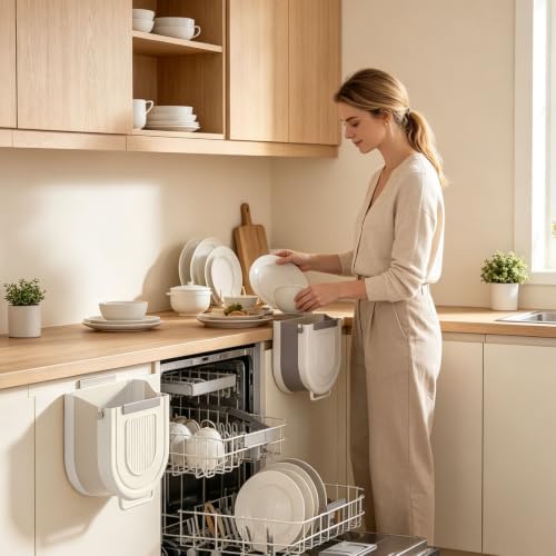 Kitchen Hanging Trash Can, Collapsible Hanging Trash Can for Kitchen Cabinet Door, Plastic Foldable Waste Bin, Wall Mounted Garbage Bin for Kitchen, Bathroom, Bedroom Countertop Car ,Grey:22cm