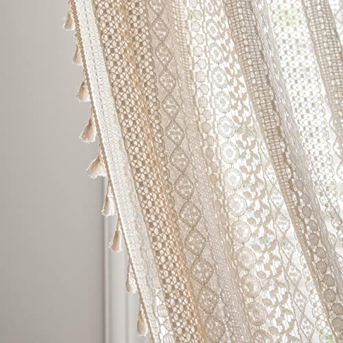 Sutuo Home Boho Curtain Crochet Lace Semi-Sheer Bohemian Hollow Knitted Handmade Tassels, Rod Pocket Window Treatment Vintage Rustic Farmhouse Drapes for Bedroom, 1 Panel 59" W x 96" L, Beige