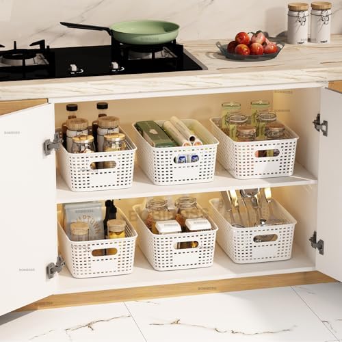 White Plastic Storage Baskets with Lids 10 Pack Stackable Storage Bins Containers for Shelves Organizing, Cute Decorative Storage Boxes for Classroom, Playroom, Closet, Pantry