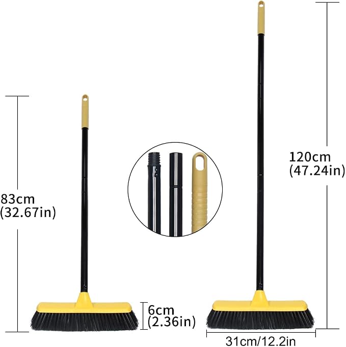 Push Broom with Long Handle, Floor Brush 51.6 inch Soft Bristle Broom 12.2" Wide for Cleaning Bathroom Kitchen Patio Garage Deck Tile