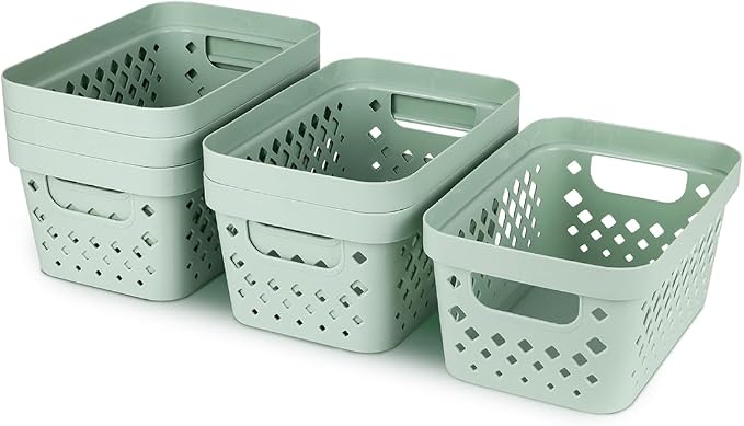 Glad Plastic Baskets for Organizing, Set of 6 | Pantry Storage for Under Counter, Linen Closet, and Bathroom | Nesting Shelf Bins with Handles, 1 Gallon, Sage