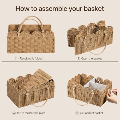 HBlife Large Baby Diaper Caddy, Paper Rope Scalloped Storage Baskets Nursery Bin with Removable Divider, Portable Car Organizer for Diapers, Baby Shower Gifts, Newborn Essentials Must Haves, Brown
