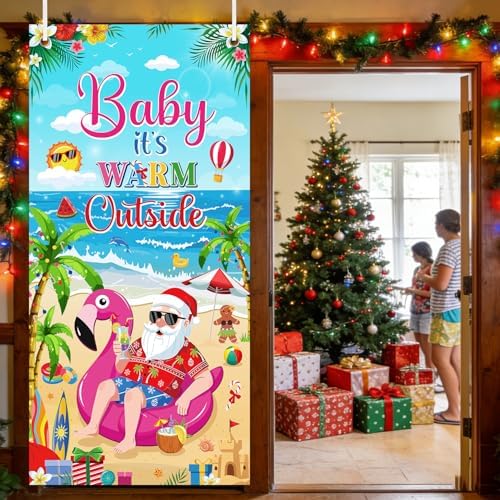 Tropical Christmas Party Decorations - Baby It's Warm Outside Door Cover Decor, Summer Santa in July Large Front Door Backdrop Banner Supplies Decor for Home Office, 3x6 Ft
