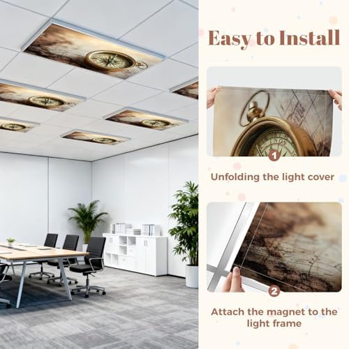 6 Pack Fluorescent Light Covers for Ceiling Lights Magnetic Old Compass World map Travel Geography Navigation Tourism Decorative Magnetic Light Cover Light Filters for Classroom Office Home