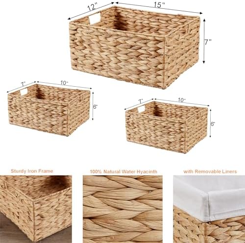 Vagusicc Wicker Basket, 3-Pack Water Hyacinth Wicker Storage Basket with Handles, Storage Baskets for Organizing, Large Hyacinth Storage Baskets for Shelves with Liner (Water Hyacinth Baskets Set)