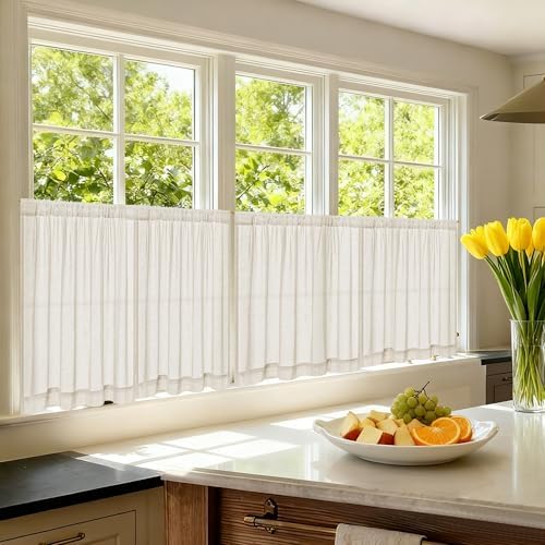 Beige Semi Sheer Linen Kitchen Curtains 24 Inch Length 2 Panels | Natural, Small Curtains, for Laundry RV Campers, Privacy Light Flitering, Rod Pocket Drapes, Rustic Boho, 50x24 Inch