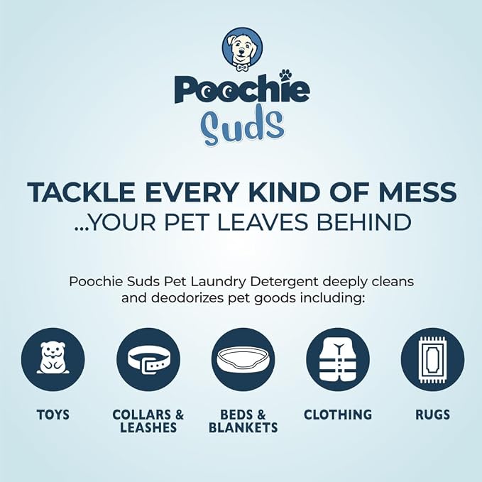 Poochie Suds Pet Laundry Detergent, Enzyme Cleaner and Odor Remover, Hypoallergenic and Fragrance-Free Pet Safe Detergent for Dog and Cat Bedding, Blankets, Toys and Gear, Made in USA, 32 fl oz