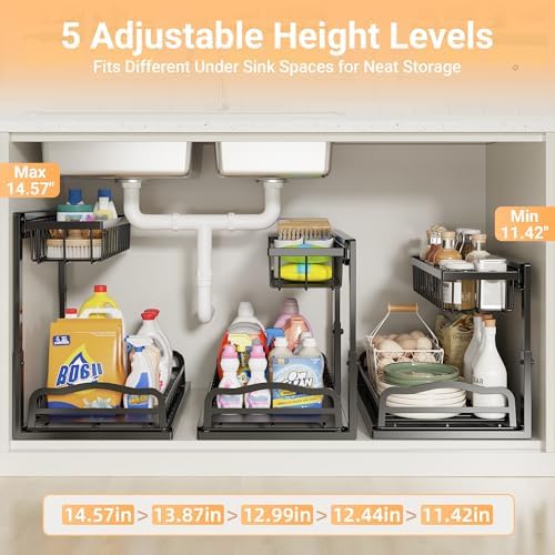 AceMining 2 Pack Under Sink Organizer, 2 Tier Pull Out Cabinet Storage Rack | Under Bathroom Sink Organizer for Kitchen Cabinet, Bathroom Vanity and Under-Cabinet Storage