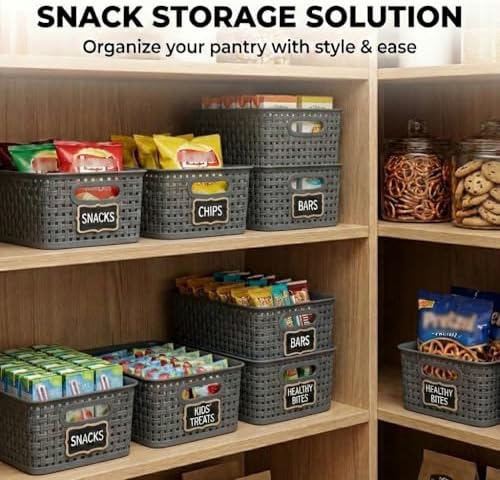 8 Pack Gray Storage Baskets, Plastic Woven Organizer Baskets, Stackable Shelf Baskets for Closet, Pantry, Bathroom & Laundry Room