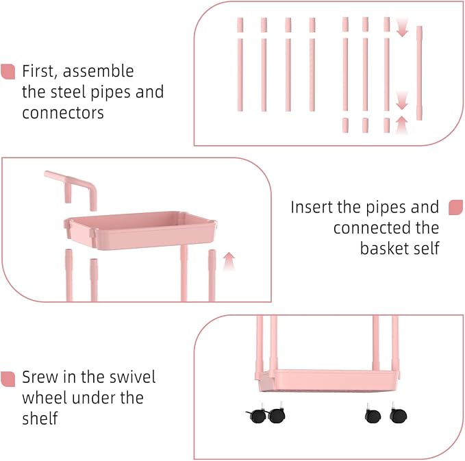 Volnamal Diaper Caddy, 3 Tier Rolling Cart for Baby Essentials, Pink | Movable & Easy Assemble Cart for Newborn Nursery Essentials, Diaper Storage Organizer for Changing Table&Crib, Baby Registry