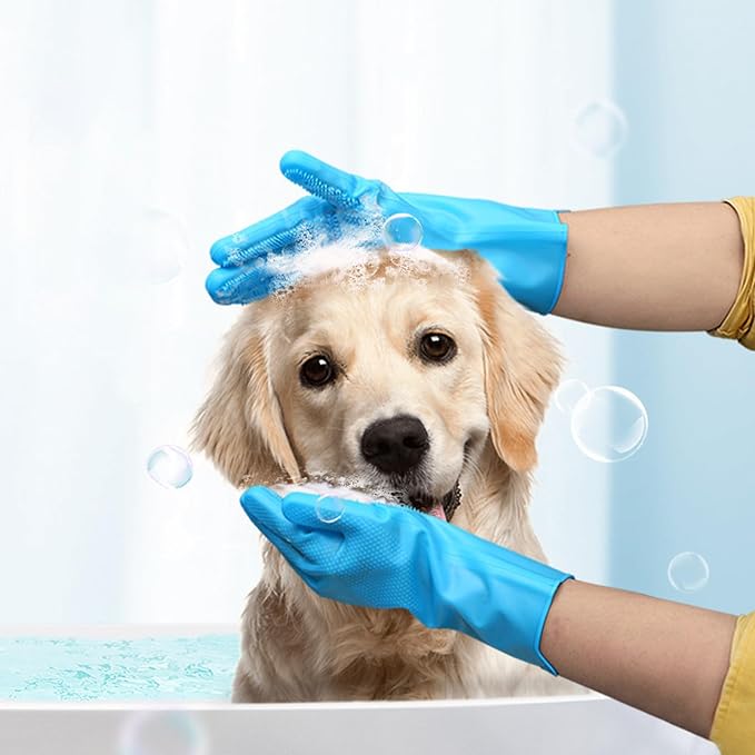 Silicone Dishwashing Gloves with Scrubbers, Pet & Dish Scrubbing(1pair, 12.2" L)