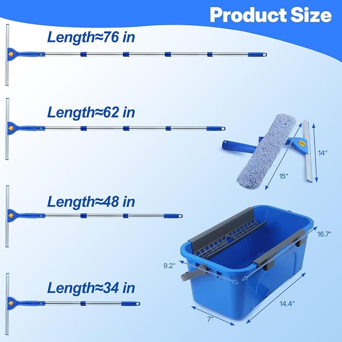 Professional Window Cleaning Kit, 76" Squeegee & Scrubber with 3 Gal Bucket | Complete Window Cleaning Kit 76" Long Handle Window Squeegee 3 Gallon Cleaning Bucket Included Versatile Window Washing Tool