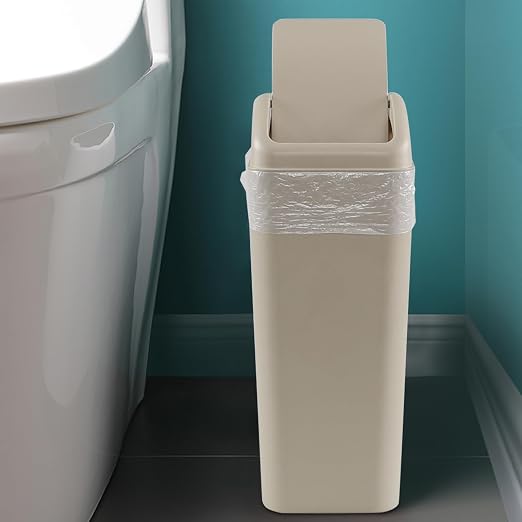Obstnny 3.2 Gallon Slim Plastic Trash Can for Narrow Spaces, Khaki, 14L | Swing Lid Garbage Can Use at Home or Office