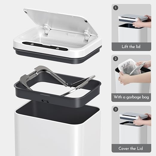 ELPHECO Stainless Steel Office Trash Can White, 3.5 Gallon | Motion Sensor Garbage Can Touchless Smart Trash Can Automatic Waste Bin for Kitchen, Office, Bathroom
