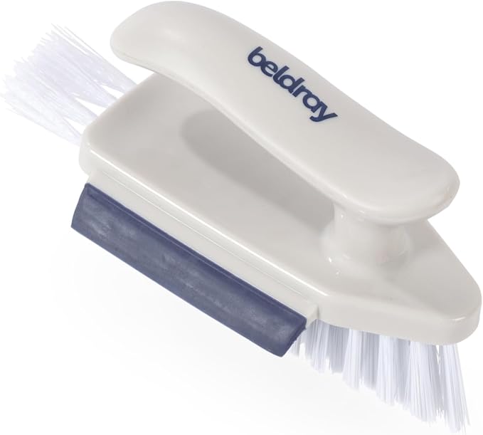 Beldray 4-in-1 Bathroom Buddy – Multipurpose Deep Clean Scrubbing Brush, V-Shaped, Squeegee Edge, Narrow Side & Tail Bristles, Ergonomic Handle, Suitable for Floors, Tiles, Corners & More