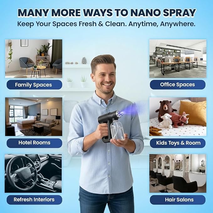 Nano Spray Gun, Cordless Barber Spray Bottle and Mist Atomizer, Black | Continuous Mister for Fades and Hairline Work, 320ml Tank Salon Styling Accessory, Blue Light Nozzle, USB-C, 1 Year Warranty