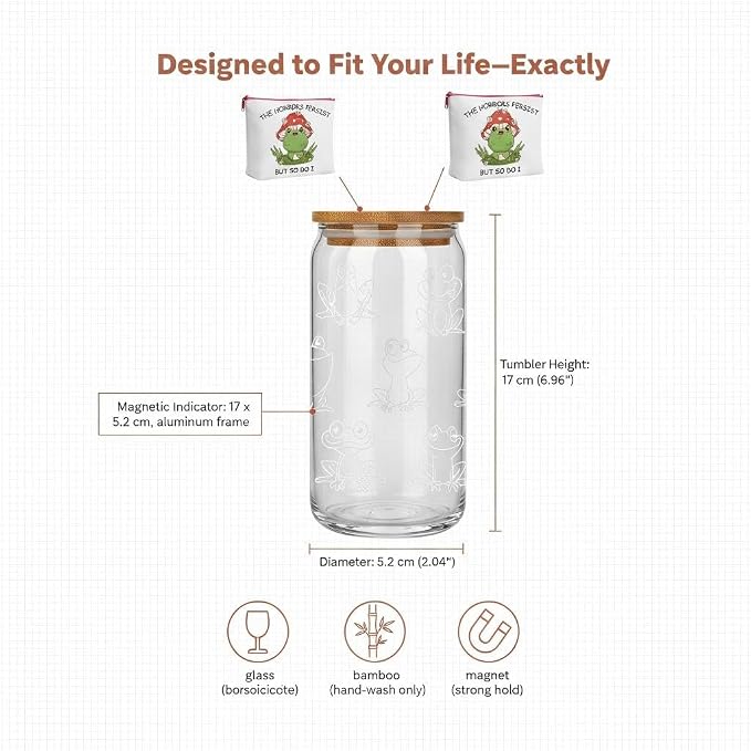 Funny Gift Frog Themed Cup set 16oz Glass with Bamboo Lid and Glass Straw, Frog Cosmetic Pouch with Mushroom Design Fairy's Glass Tumbler Mug Stuff for Women Mom Wife Pregnant Friend Girlfriend