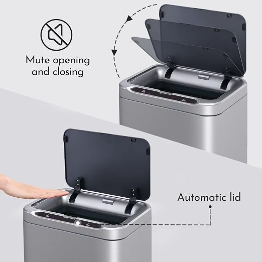 ELPHECO Stainless Steel Office Trash Can 6.6 Gallon Motion Sensor Garbage Bin Rectangular Automatic Touch Free Waste Bin for Hotel and Living Room | Automatic Garbage Bin Rectangular Touch Free Waste Bin for Hotel and Living Room, 2AA