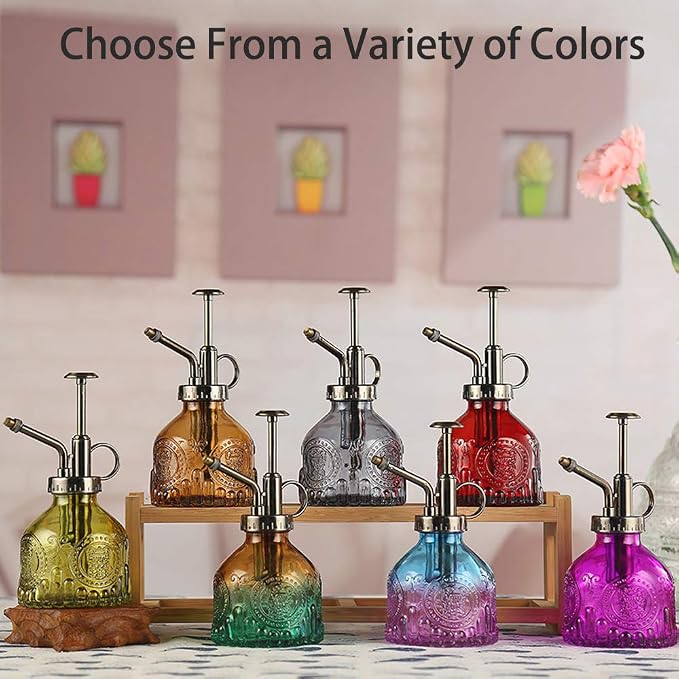 Plant Mister Glass Spray Bottle Small Plant Watering Can 6.4" Tall Retro Indoor Watering Can Bronze Plastic Top Pump for Garden Indoor Plant Sprayer (Red)