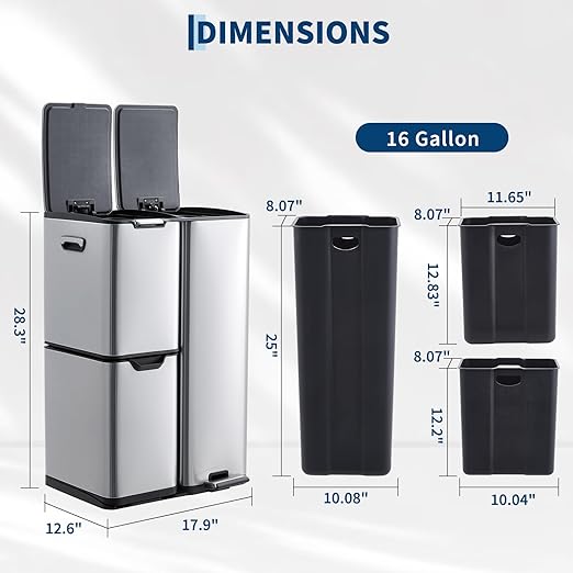 Garvee 3 Compartment Trash Can, 16 Gal Garbage and Recycle Bin Combo | 3 in 1, Triple Bins, Stainless Steel, Soft Close Lid & Foot Pedal, Removable Inner Buckets, for Home Kitchen Office, Silver