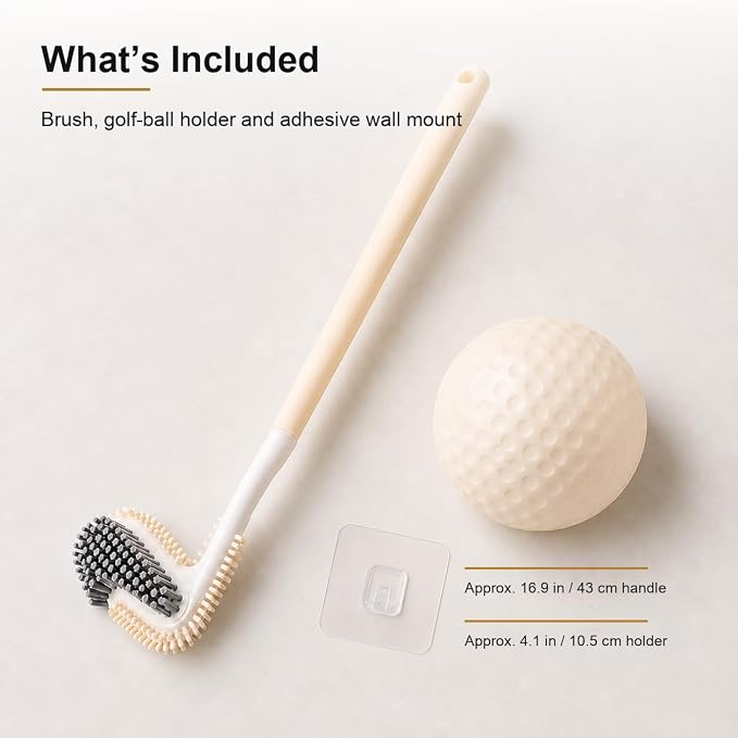 ZICO Golf-Shaped Toilet Brush with Wall-Mounted Holder, Dual-Sided TPR and Dense Bristle Brush Head, 360° Reach for Rim, Drain and Inner Bowl Cleaning, Cream Yellow Bathroom Cleaning Brush