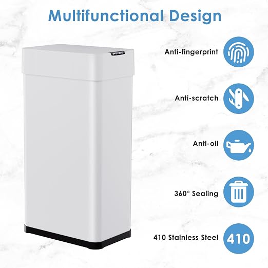 Arlopu 18.5 Gal Automatic Trash Can, 70L Motion Sensor Garbage Bin | Touchless Brushed Stainless Steel Wastebasket, W/Butterfly, Soft-Close Lid, for Living, Dinning Room, Kitchen (White)