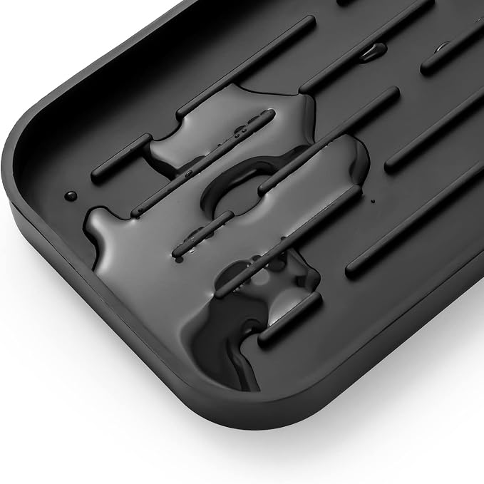 MicoYang Silicone Kitchen Sink Organizer Tray for Multiple Usage,Eco-Friendly Sponges Holder for Kitchen Bathroom Counter or Sink,Dish Soap Dispenser,Scrubber,Bottle,Cup (Black, 10"×5.3")