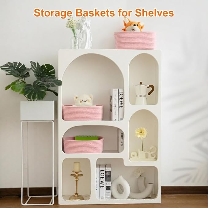 3Pack Small Woven Storage Baskets for Shelves Organizing | Cotton Rope Closet Organizer Bins, Basket for Gifts Empty, Nursery, Living room, Dog Toy Basket 11x7.5x4.5 in, Pink