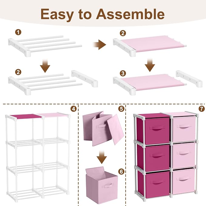 Briwooody 6 Cube Storage Organizer Bins with Shelf, Pink,Rose | 11x11'', Storage Organizer, Toy Storage Box, Back to School, Dorm Organizer, Fabric Drawers, Playroom Bedroom Storage Cabinet