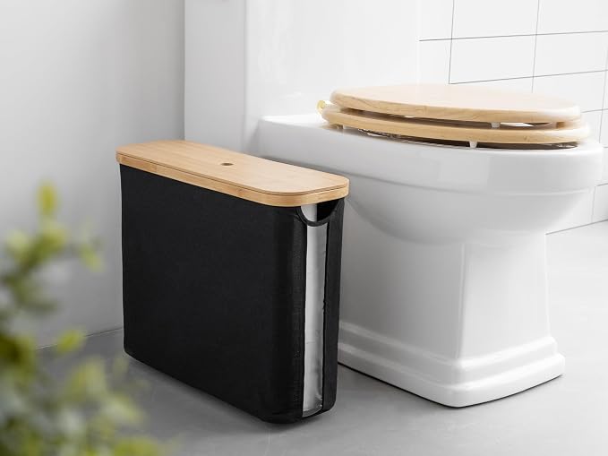 StorageWorks Toilet Paper Storage Basket, Papers Container with Bamboo Lid, Medium Toilets Holder for Up to 9 Mega Rolls, Organizer for Bathroom, Black, 1 Pack | See Rolls at a Glance with Clear Window, Holds 12 Regular or 9 Mega Rolls for Bathroom Toi...