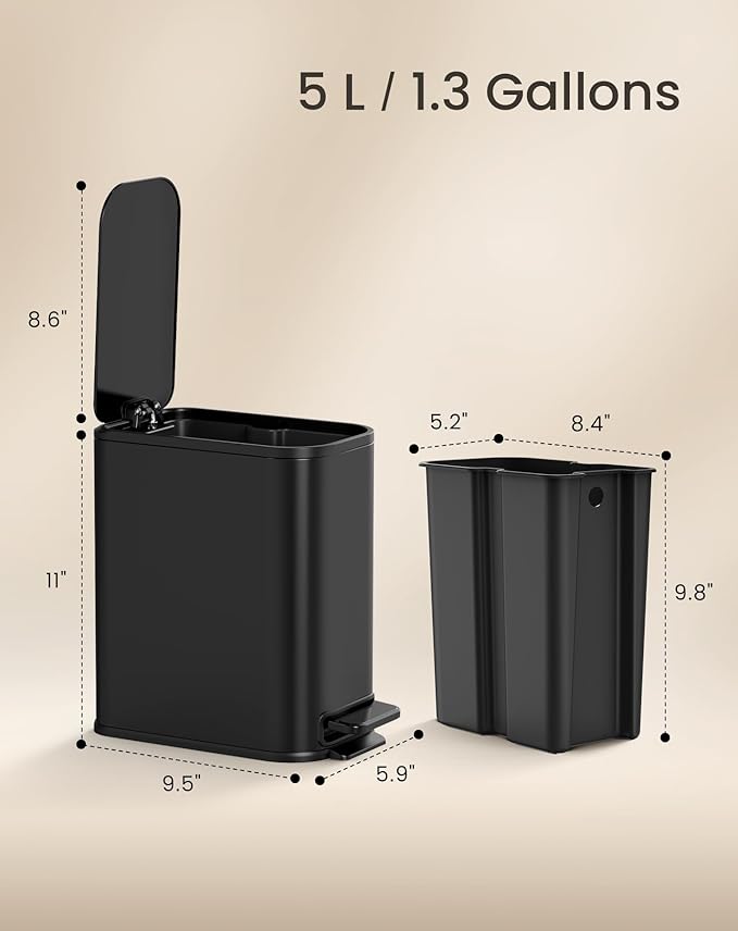 Cesun Small Black Bathroom Trash Can with Lid Soft Close & Pedal, 1.3 Gal | Removable Inner Bucket, Slim Stainless Steel Garbage Can for Bedroom/Office, Included 5 Trash Bags, Hidden Bag, Built to Last