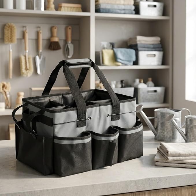 Large Cleaning Caddy Bag with Removable Divider - 600D Oxford Storage Organizer for Supplies, Tools, Spray Bottles - Portable Tote for Housekeeping, Gardening, Car Trunk - Black 14x10x9 Inch(Dark Gray)
