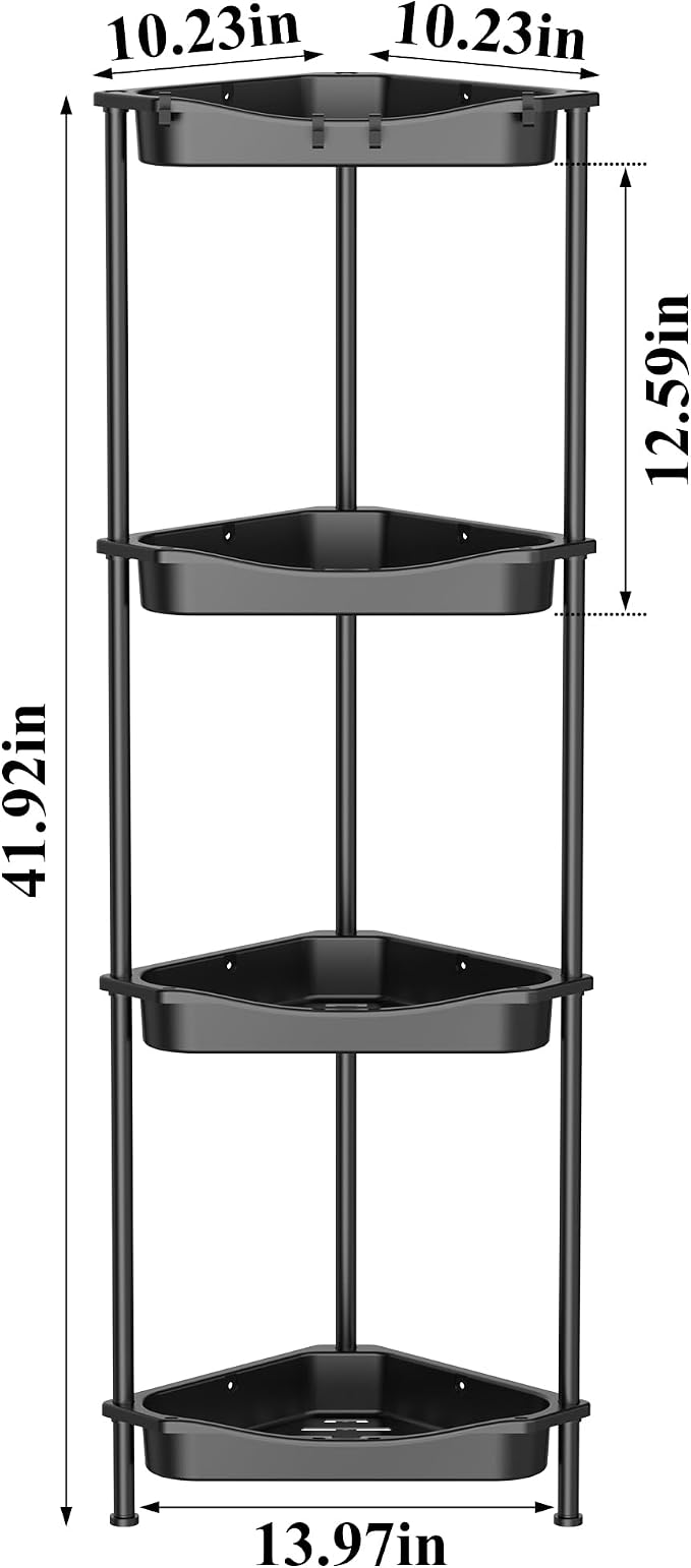 HuggieGems Metal Floor Standing Corner Shower Caddy, Jet Black, 4 Tier | Adhesive Bathroom Organizer Shelves, Free Standing Shower Rack with Hooks, Hold Large Shampoo Bottles