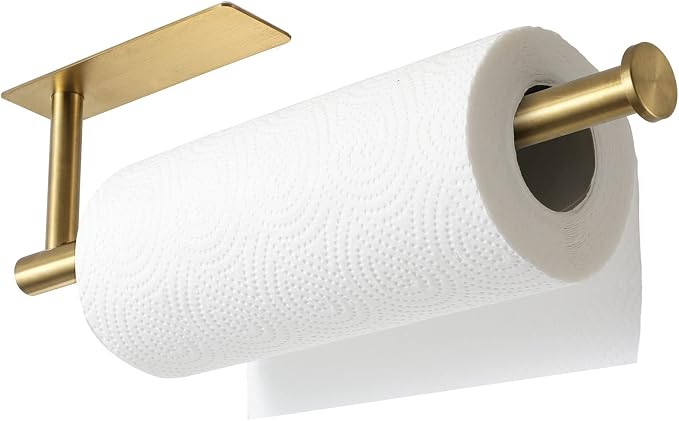 theaoo Under Cabinet Paper Towel Holder for Kitchen, Self-Adhesive, SUS304 | Wall Mounted Paper Towel Rack for Bathroom or Kitchen, SUS304 Stainless Steel, Install with Adhesive or Screws, Brushed Gold