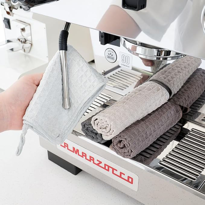 watchget 10 Pack Microfiber Espresso Barista Cleaning Towels, Light Brown | Professional 12"x12" Lint-free Rags;Waffle Weave;Highly Absorbent Cleaning Towels for Espresso Steam Wands&Coffee Counters